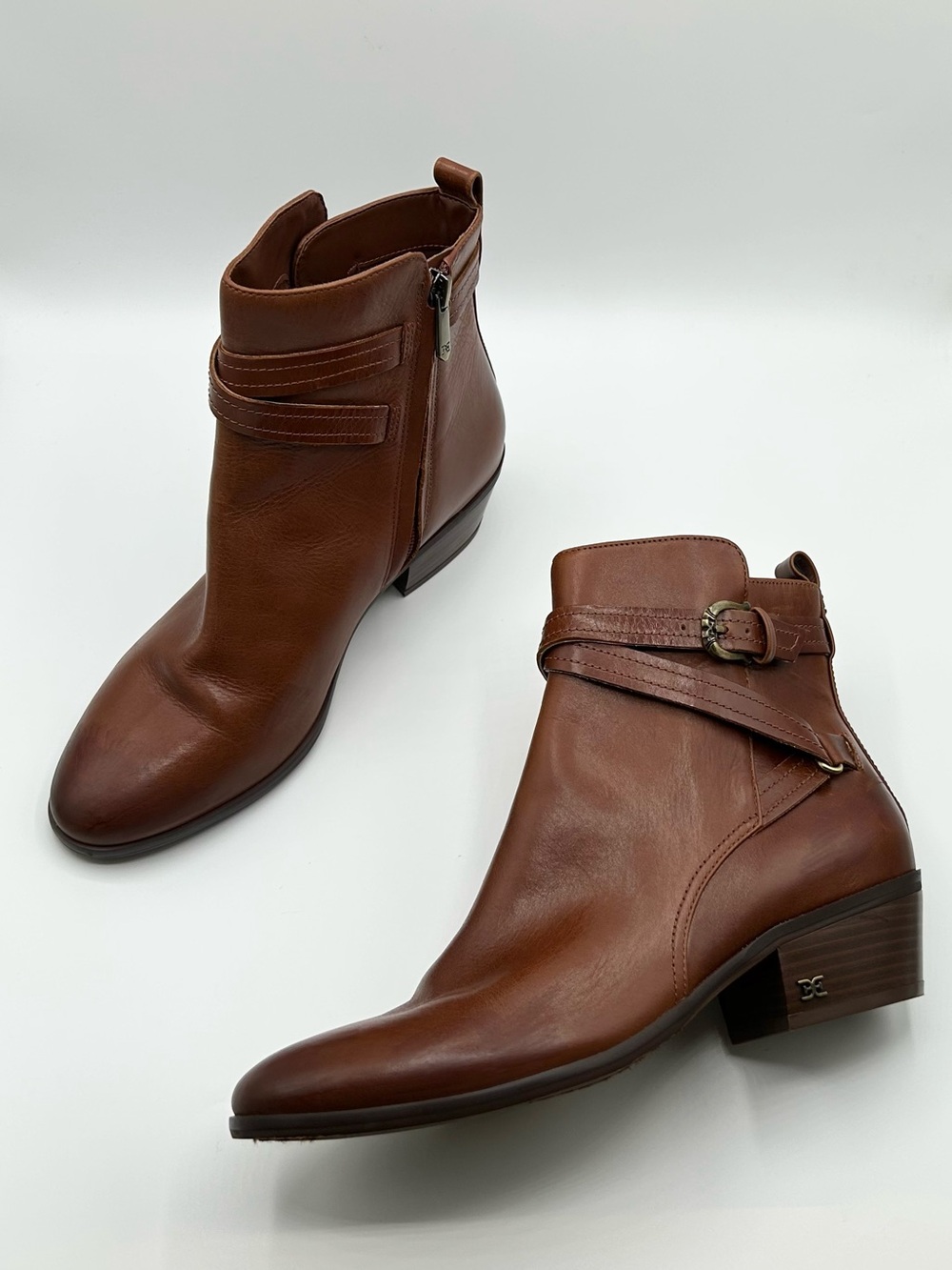 Sam Edelman Cognac Brown Leather Ankle Booties Heeled Boots Women’s Size 7.5